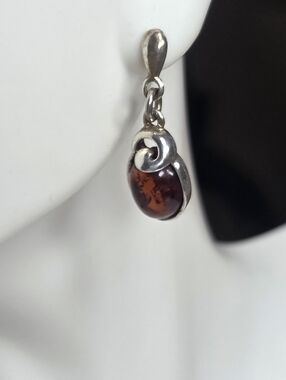 baltic amber cabochon sterling silver dangle drop pierced earrings signed 925
